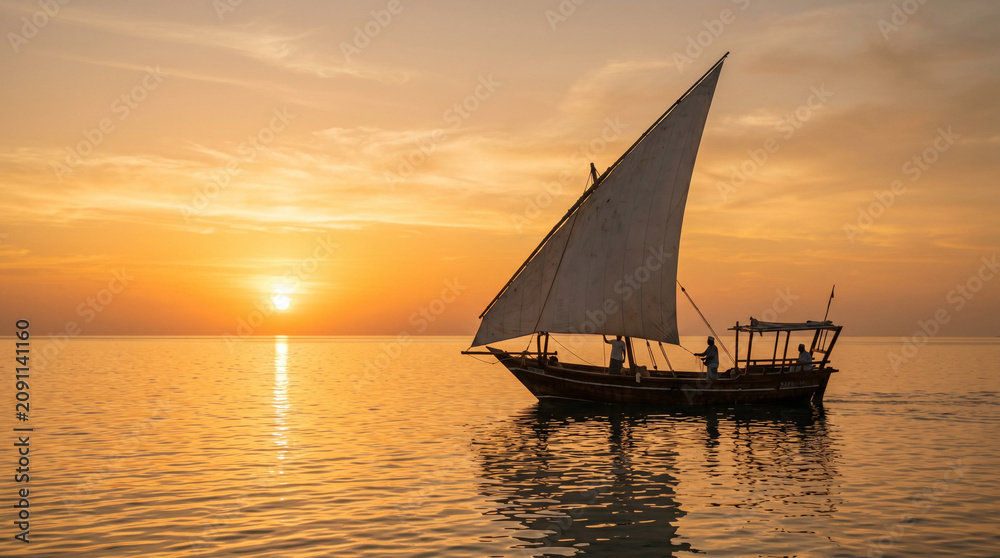 Fototapeta premium Traditional Dhow Boat Sailing at Golden Sunset Over Calm Sea