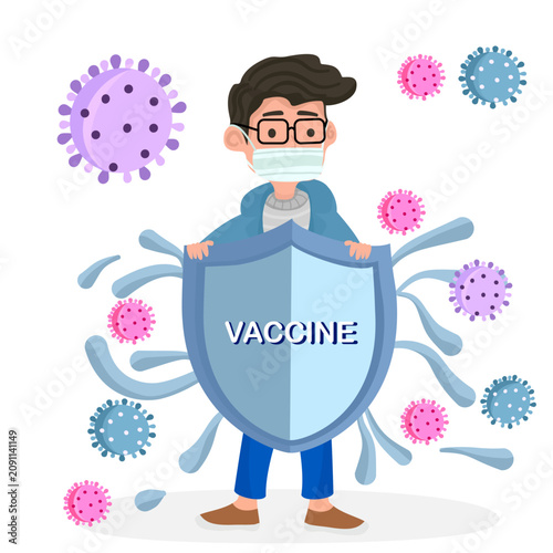 Young man wearing medical face mask holding a big shield with vaccine text to protect against viruses. Immune system concept, viral infection defense, and healthcare flat vector illustration.