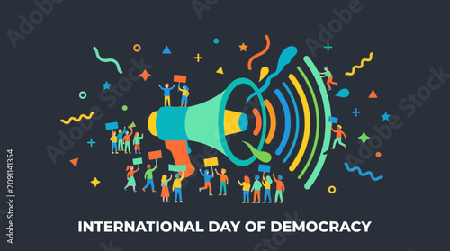 International Day of Democracy Illustration with Megaphone and Protesting People