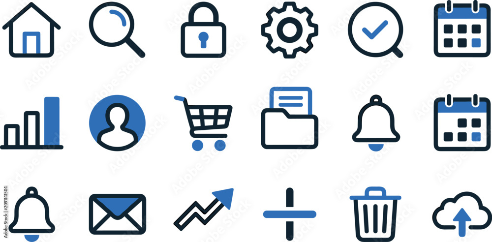 Fototapeta premium Minimalist UI UX Web Vector Icon Set Featuring Home Search Lock Settings Calendar User Shopping Cart and Cloud Upload Symbols
