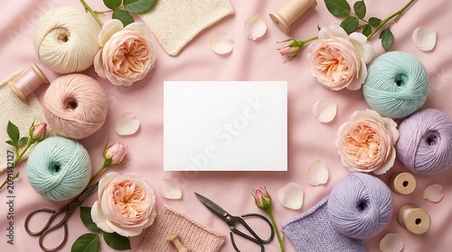 Flat lay of knitting supplies with yarn balls, roses, and a blank card on a soft pink background