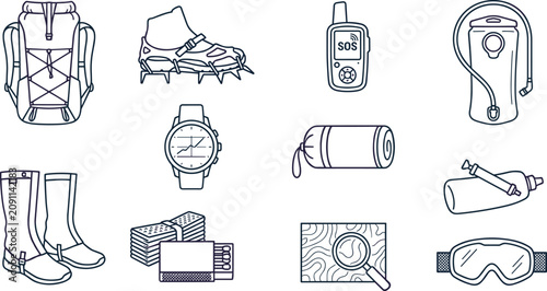 Bild auf Leinwand Outdoor Hiking and Survival Equipment Outline Icon Collection with Backpack, GPS