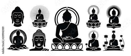 Foto Buddha Icon Collection: A stylized compilation of iconic Buddha figures in meditation poses