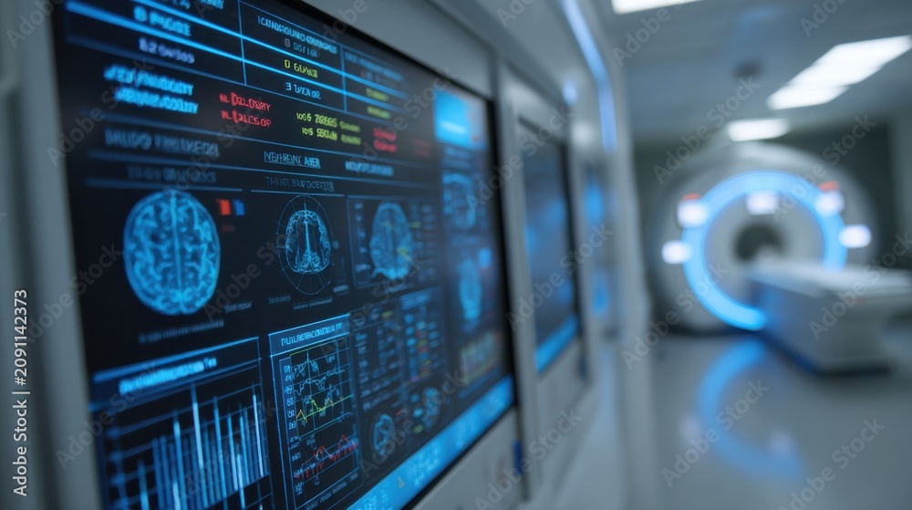 Fototapeta premium Medium shot capturing detailed digital wall featuring scanner operational status and energy use at MRI facility with status board vividly in focus.