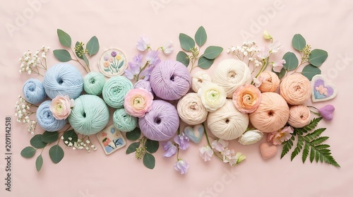 Flat lay of colorful yarn balls with flowers and embroidery on pink