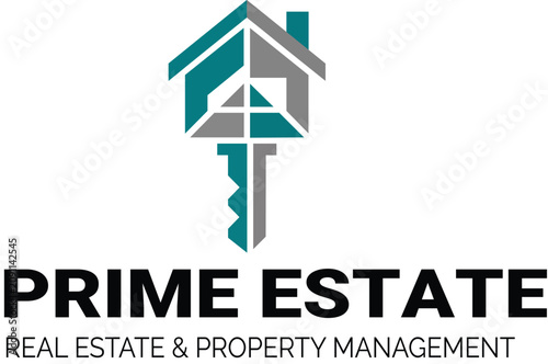 Modern Real Estate Logo Design with House and Key Concept, Professional Property Management Branding Template in Teal and Gray Vector Illustration

