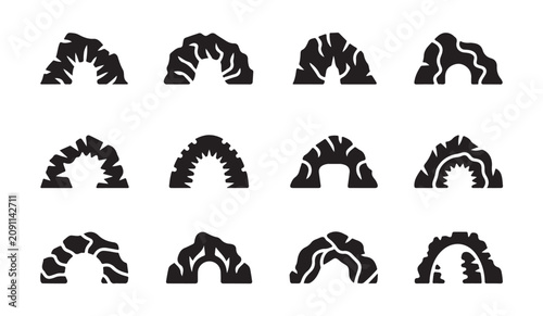 Fotografie Set of black silhouette icons representing mountain cave entrances and rock formations