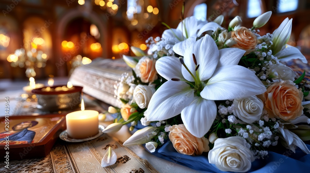 Obraz premium Beautiful Orthodox Easter Scene with Flowers and Candle at Altar Setting