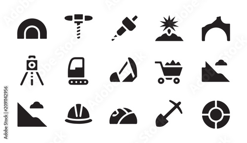 Obraz na plátně Mining industry icon set with excavation tools engineering equipment and construction gear
