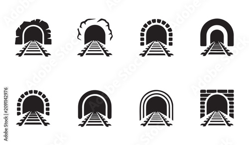Foto Railway tunnel icons featuring train tracks entering various underground passage structures
