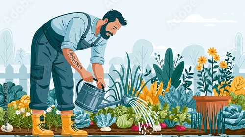 Man Waters Vegetable Garden With Watering Can in a Sustainable Home Gardening Scene During the Day