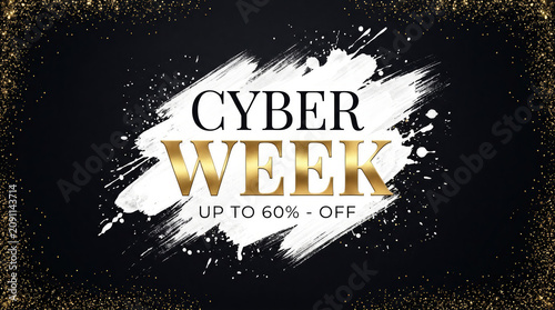 Cyber Week Sale Announcement with Golden Text and Glittery Border