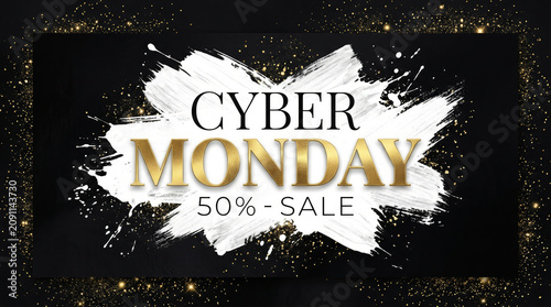 Cyber Monday 50 Percent Sale Announcement With Gold Glitter Accents