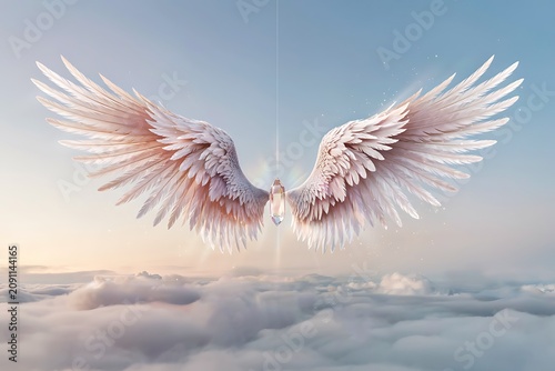 Ethereal angel wings with a glowing crystal pendant above clouds