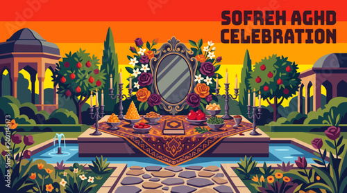 Foto Romantic garden Sofreh Aghd wedding table surrounded by abundant flowers, elegan