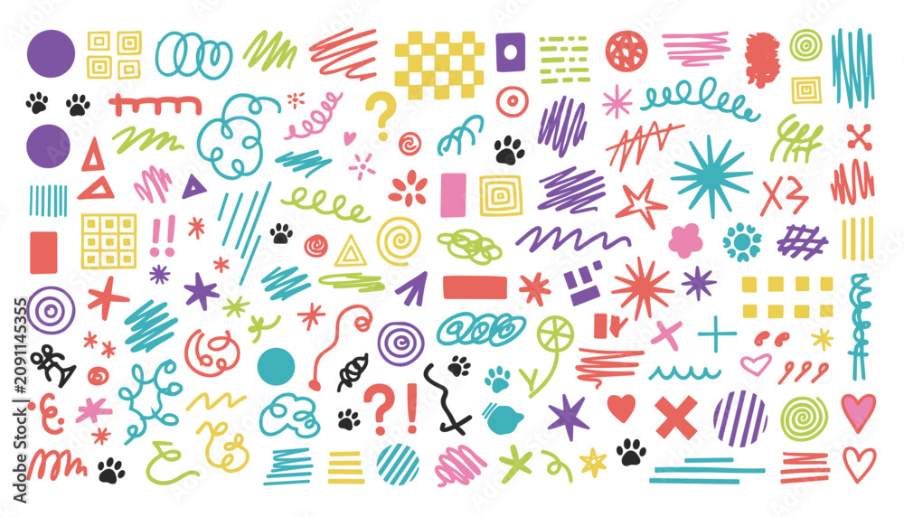 Fototapeta premium Huge collection of colorful playful doodles, hand drawn textures, organic squiggles, dots, and hearts on a white background.