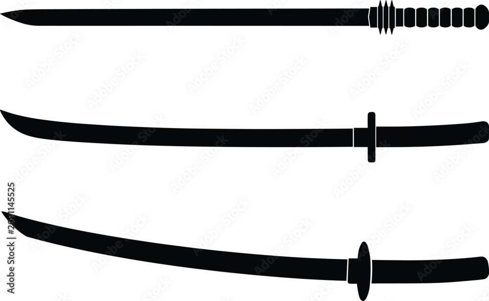 Fototapeta premium Japanese katana sword silhouette collection featuring blade, scabbard, and sheathed weapon isolated on white background for samurai, martial arts, and historical design