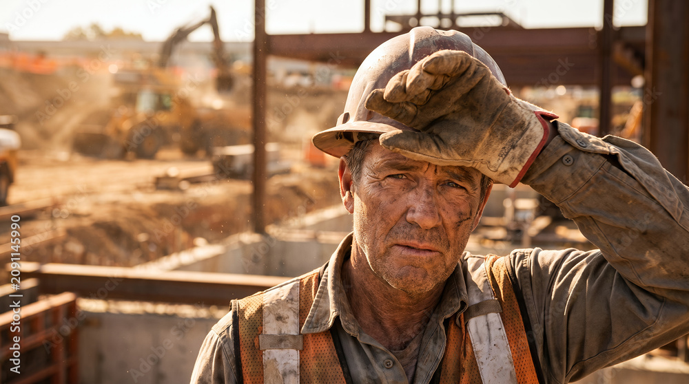 Fototapeta premium Middle-aged man wiping sweat on construction site under the sun 