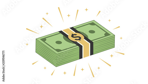 Thick stack of green US dollar bills secured with a gold band showing dollar symbol surrounded by shining golden rays.
