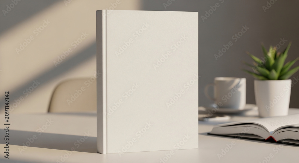 Fototapeta premium Blank White Book Cover Mockup on Desk with Natural Sunlight