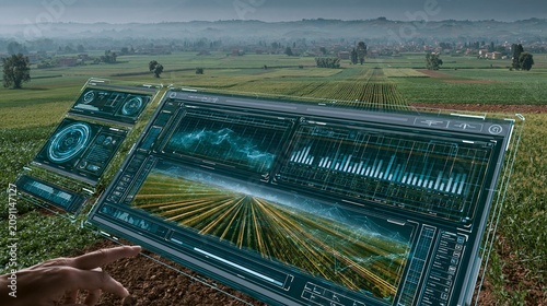 Futuristic Precision Agriculture Dashboard Over Farmland With Technology and Analytics Displayed Outdoors