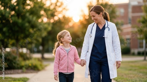 A female doctor holding the hand of a happy young girl while walking outdoors during a warm sunset, creating a caring and supportive pediatric healthcare moment. 