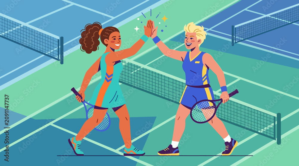 Fototapeta premium Two Female Tennis Players Celebrating Victory on Court