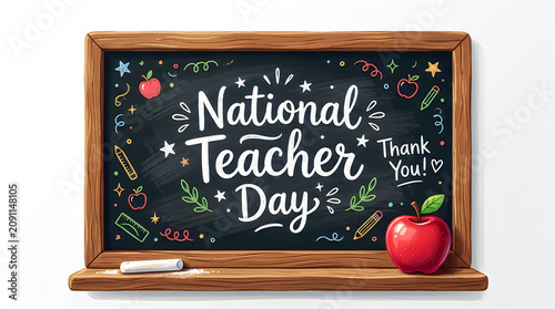 Handwritten Chalkboard Message Celebrating Educator Appreciation with Red Apple on Wooden Frame