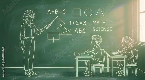 Teacher drawing on blackboard with students in classroom