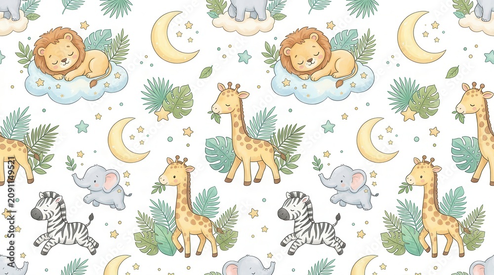 Obraz premium Soft seamless pattern of cute baby safari animals sleeping and playing under moons and stars
