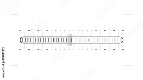 Abstract digital motion render of a loading progress bar UI element with minimalist dots and grid lines on white background
