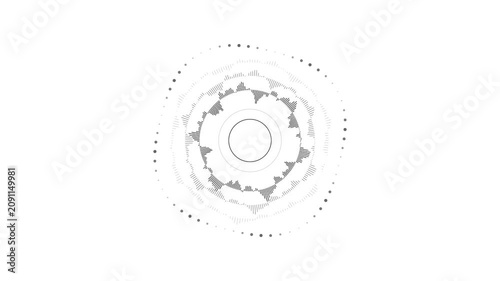 Futuristic silver circular motion graphic with digital audio waveform rings and abstract data visual elements on white background for high technology