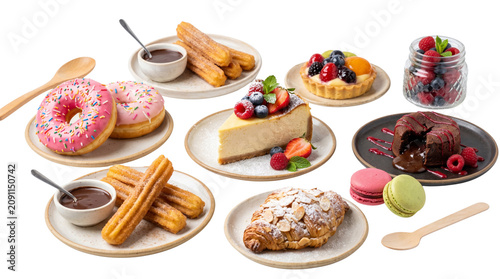 Assorted Sweet Dessert Platter with Cakes, Pastries and Cheesecake Isolated on White Background