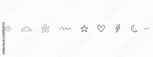 Cuadro en lienzo A minimal row of black hand-drawn doodle featuring a sun, cloud, flower, squiggl