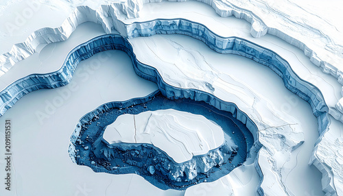 Top view geological strata of layered white and blue terrain with icy rock texture and abstract cross section