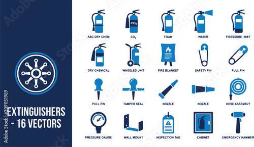 Fire extinguishers and tools are organized on a wall for easy access in an industrial setting with various equipment.