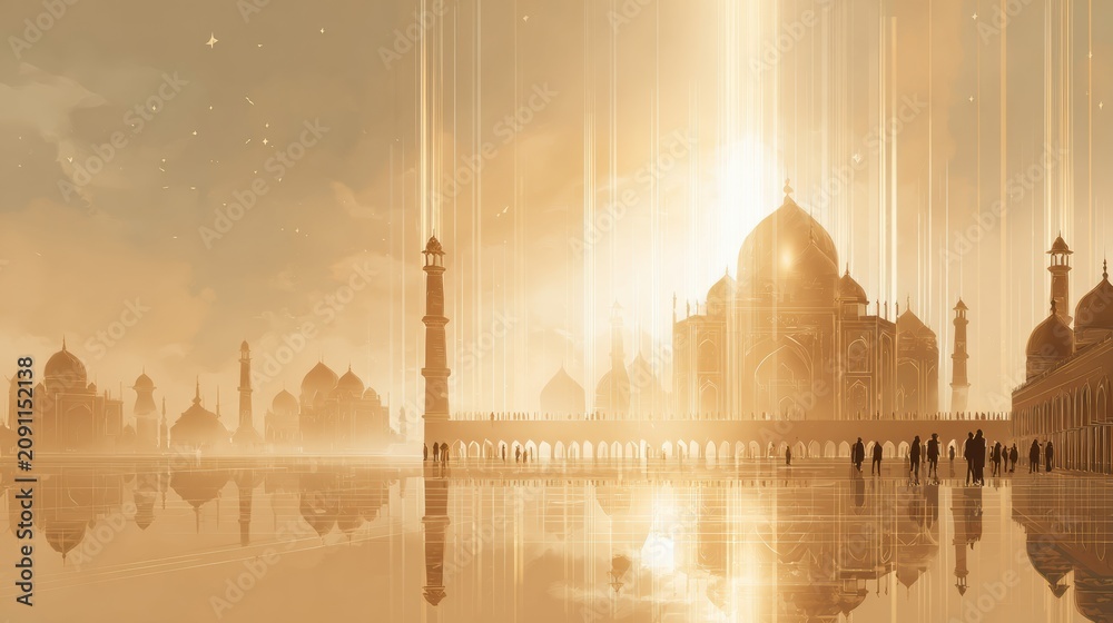 Obraz premium A journey showcasing elegant structures and glowing lights sets a luxurious tone for travelers at a significant pilgrimage site.