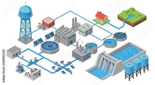 Fotografía Isometric Water Treatment Plant Infrastructure Vector Illustration Design Featur