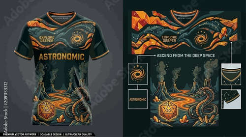 Intricate vector graphic design for apparel, showcasing a mystical astronomic landscape with swirling galaxies, lava-spewing volcanoes, and intertwined fantasy creatures for unique clothing