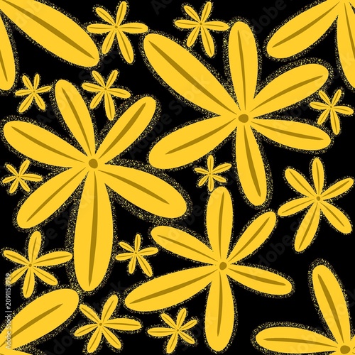 Beautiful yellow, shiny floral pattern on a black background for fabric, textile and wallpaper design