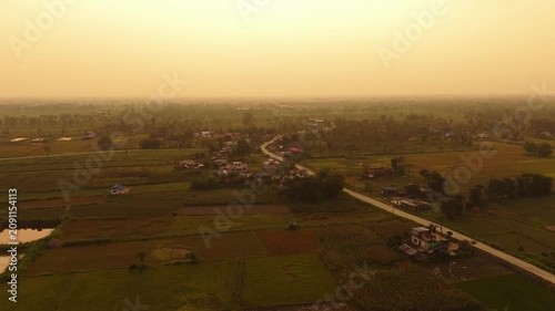 Golden Hour Aerial of Village and Dried Cornfields in Nepal , Haldibaari Jhapa