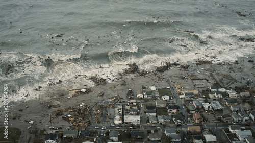 Aerial view of massive storm surge waves flooding and destroying a coastal town, debris scattered across streets and shoreline