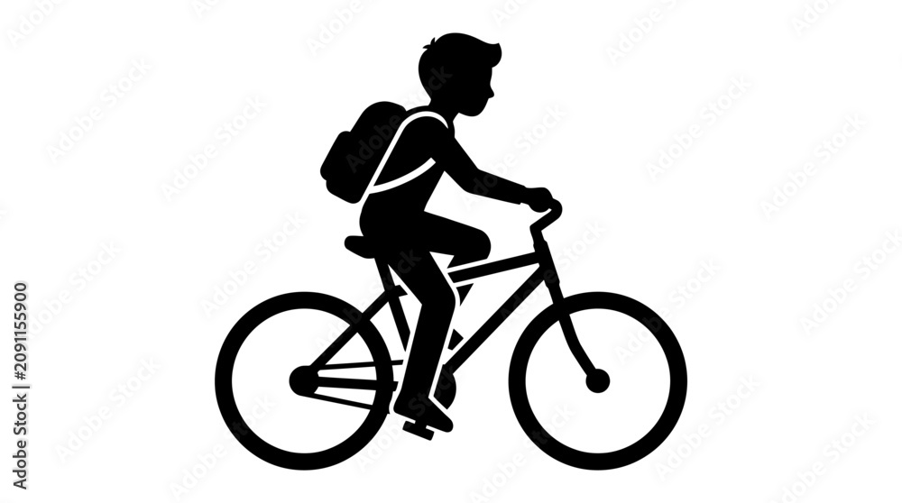 Fototapeta premium Back to school, Black silhouette of a child riding bicycle, biking icon, kid cyclist, vector illustration isolated on White Background