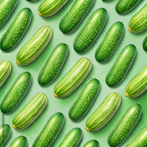 A seamless pattern of fresh green cucumbers arranged on a light green background, for a healthy, food and vegetable, concept style