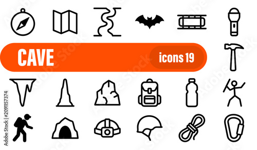 Принти на полотні Set of 19 cave exploration and spelunking icons
