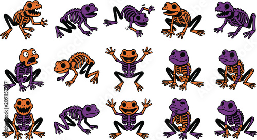 Canvastavla Halloween frog skeleton vector set with cute purple orange and black spooky amph