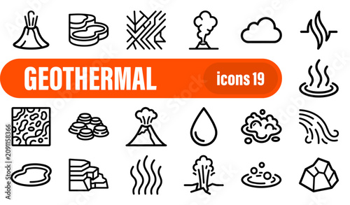 Fotografie Set of 19 geothermal energy and nature phenomenon line icons