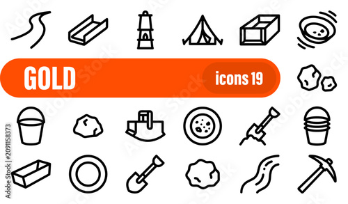 фотографія Set of 19 gold mining and prospecting line icons