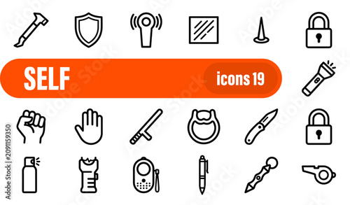 Obraz na płótnie Set of 19 Self Defense and Safety Line Icons