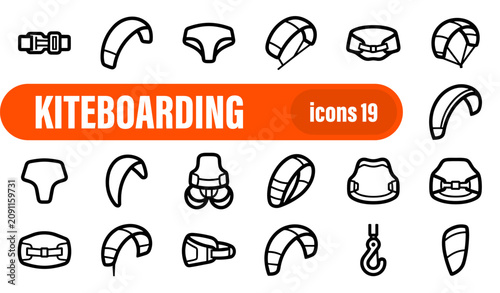 Photography Kiteboarding and surfing sport vector line icons set